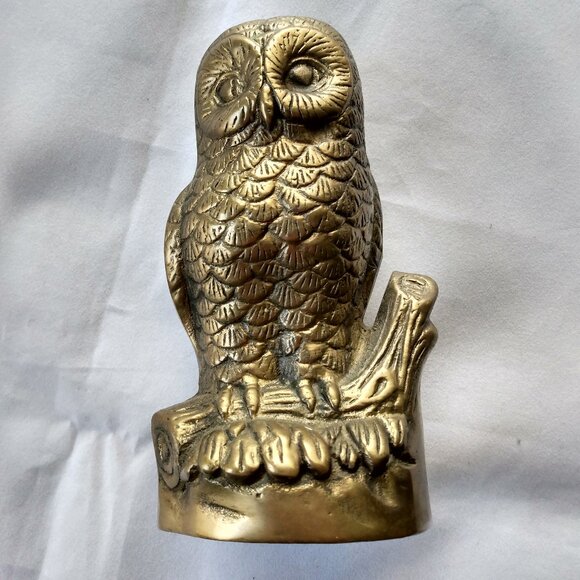 6” Vintage Brass Owl Figurine Wise Ole’ Owl Heavy Hollow Metal Decor - Picture 1 of 4